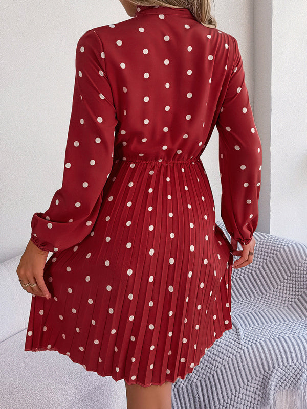 Women's elegant polka-dot lace-up waist long-sleeved pleated skirt - Venus Trendy Fashion Online