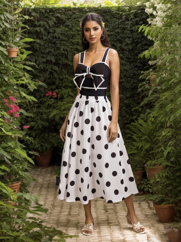 New fashionable vacation sexy bow one-piece swimsuit / polka dot print skirt (single piece) - Venus Trendy Fashion Online