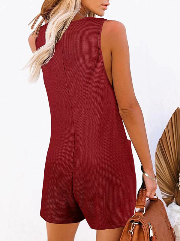 New Women's Solid Color Button Pocket Vest Jumpsuit - Venus Trendy Fashion Online