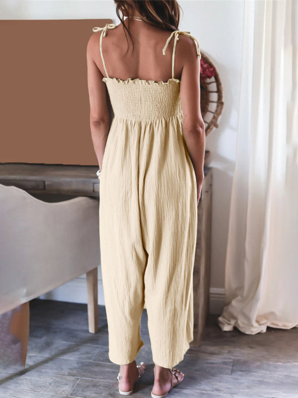Women's High Waisted Solid Color Suspender Sleeveless Smocked Jumpsuit - Venus Trendy Fashion Online