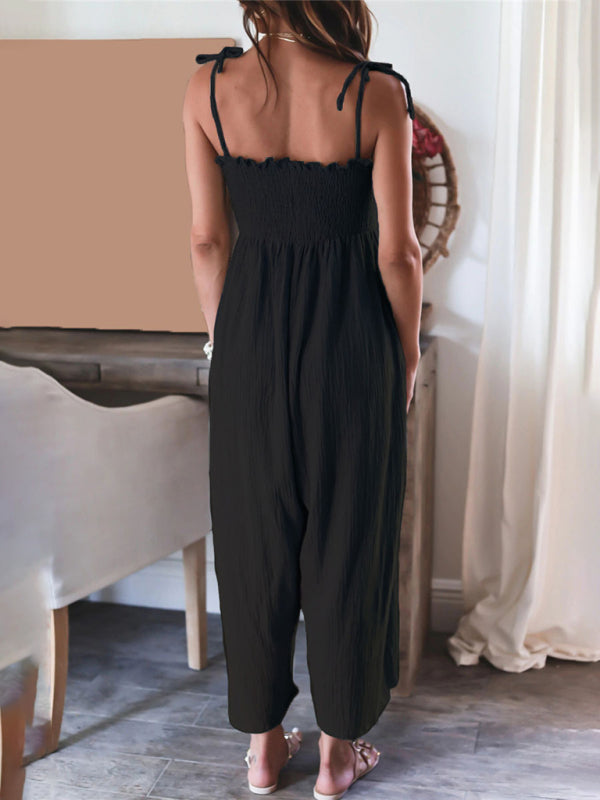Women's High Waisted Solid Color Suspender Sleeveless Smocked Jumpsuit - Venus Trendy Fashion Online