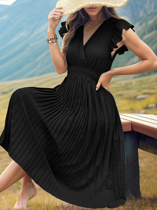 New style simple temperament V-neck high-waisted pleated dress - Venus Trendy Fashion Online